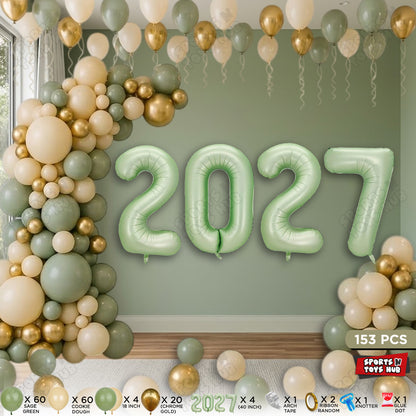 40 Inch 2027 Sage Green Color Number Foil Balloon Set, Latex & Chrome Balloon Arch Theme - Pack Of 153