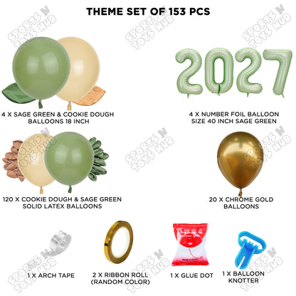 40 Inch 2027 Sage Green Color Number Foil Balloon Set, Latex & Chrome Balloon Arch Theme - Pack Of 153