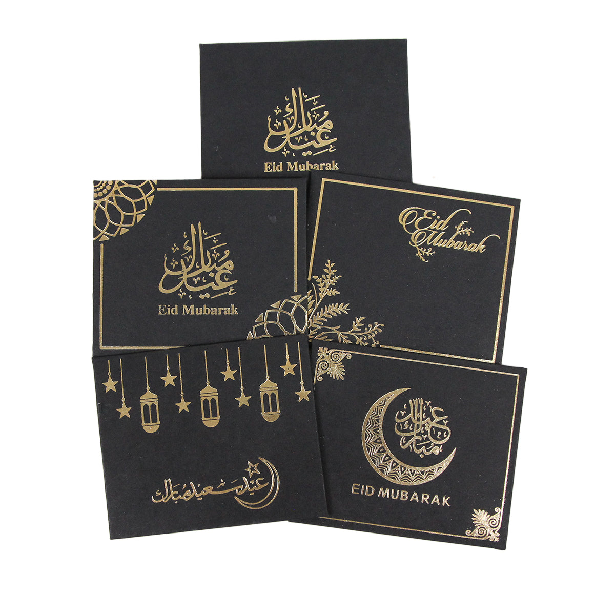 Mini Eid Mubarak Gold Foil Printed Black Eidi Envelope For Kids & Adults - Pack of 10 Assorted Prints
