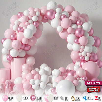 Baby Pink, Orchid Pink & White Color Balloon Arch Garland Theme Kits - 147 Pcs