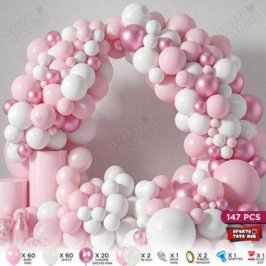 Baby Pink, Orchid Pink & White Color Balloon Arch Garland Theme Kits - 147 Pcs