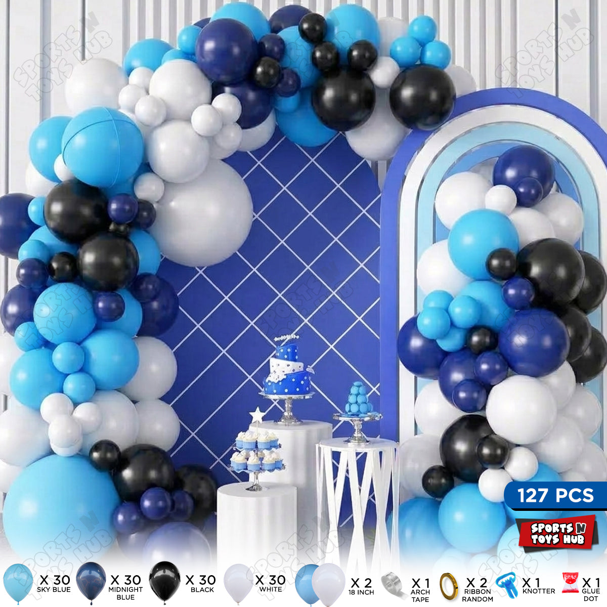 Midnight Blue, Sky Blue, Black. White Arch Latex Balloon Garland Theme