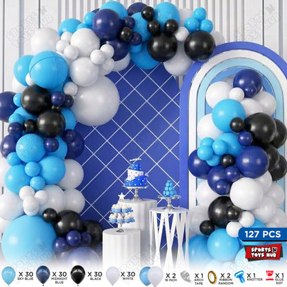 Midnight Blue, Sky Blue, Black. White Arch Latex Balloon Garland Theme