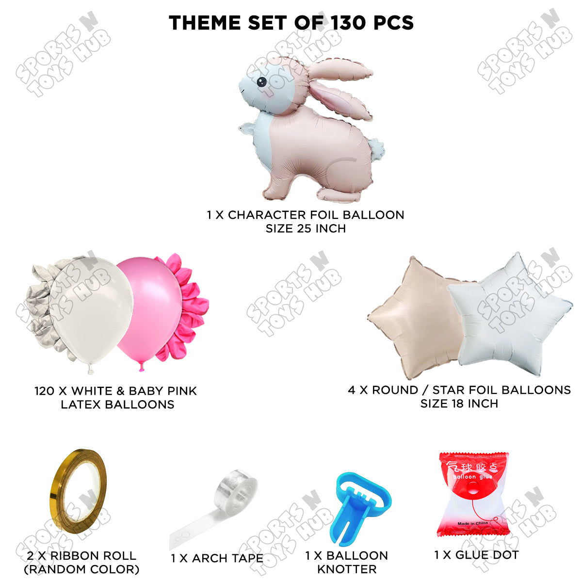 Baby Pink & White Color Balloon Arch Garland Theme Kits With Rabbit Foil Set - 130 Pcs