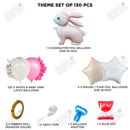 Baby Pink & White Color Balloon Arch Garland Theme Kits With Rabbit Foil Set - 130 Pcs