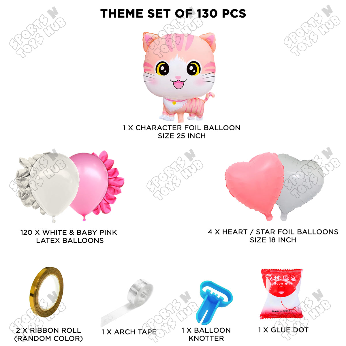 Baby Pink & White Color Balloon Arch Garland Theme Kits With Cartoon Cat Foil Set - 130 Pcs