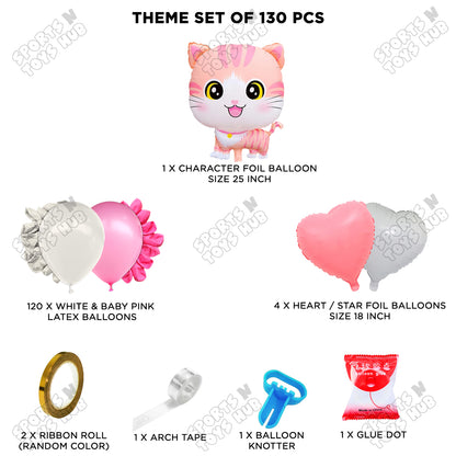 Baby Pink & White Color Balloon Arch Garland Theme Kits With Cartoon Cat Foil Set - 130 Pcs