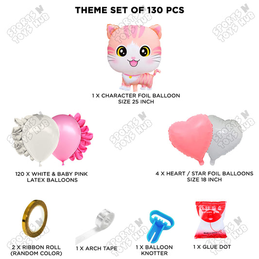 Baby Pink & White Color Balloon Arch Garland Theme Kits With Cartoon Cat Foil Set - 130 Pcs