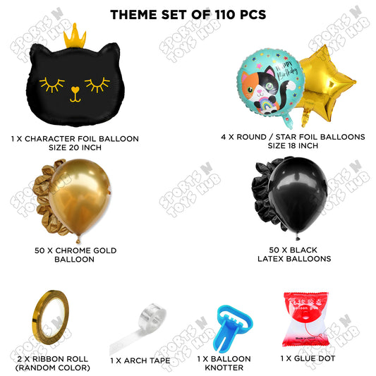 Black & Gold Chrome Color Balloon Arch Garland Theme Kits With Cartoon Crown Black Cat Kitten Foil Set - 110 Pcs