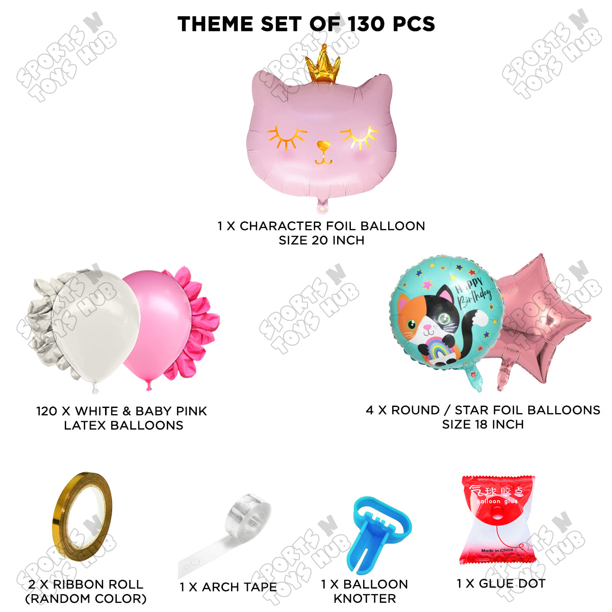 Baby Pink & White Color Balloon Arch Garland Theme Kits With Cartoon Crown Pink Cat Kitten Foil Set - 130 Pcs