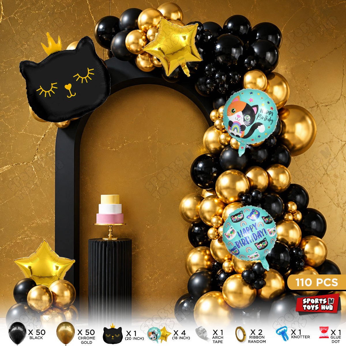 Black & Gold Chrome Color Balloon Arch Garland Theme Kits With Cartoon Crown Black Cat Kitten Foil Set - 110 Pcs