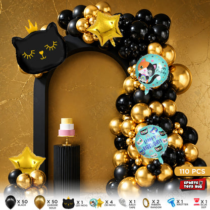 Black & Gold Chrome Color Balloon Arch Garland Theme Kits With Cartoon Crown Black Cat Kitten Foil Set - 110 Pcs