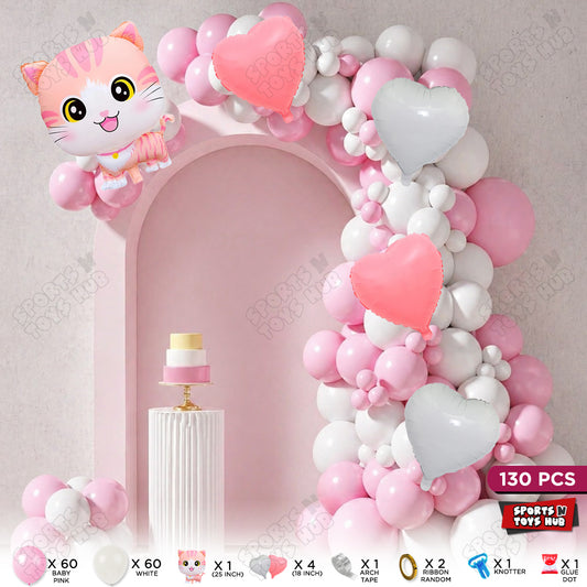Baby Pink & White Color Balloon Arch Garland Theme Kits With Cartoon Cat Foil Set - 130 Pcs