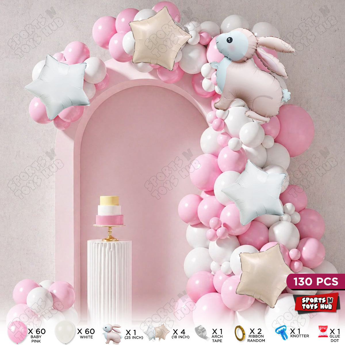 Baby Pink & White Color Balloon Arch Garland Theme Kits With Rabbit Foil Set - 130 Pcs