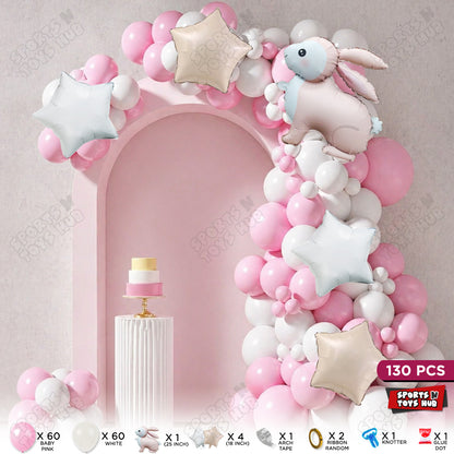 Baby Pink & White Color Balloon Arch Garland Theme Kits With Rabbit Foil Set - 130 Pcs
