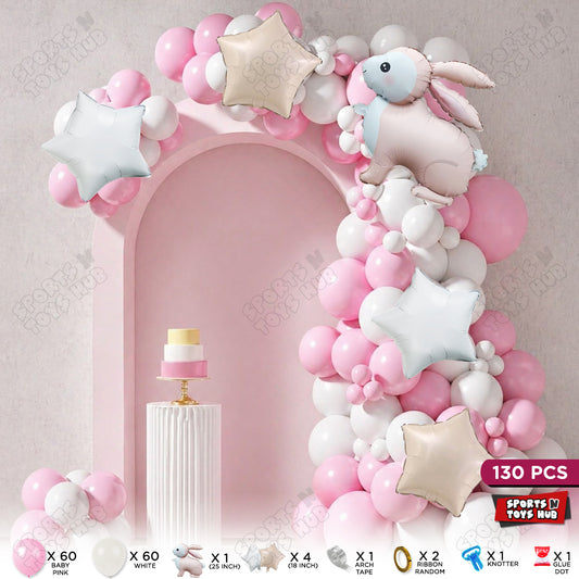Baby Pink & White Color Balloon Arch Garland Theme Kits With Rabbit Foil Set - 130 Pcs