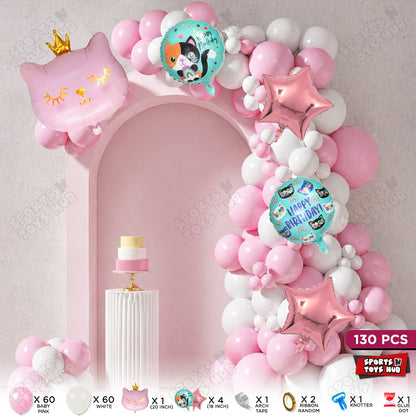 Baby Pink & White Color Balloon Arch Garland Theme Kits With Cartoon Crown Pink Cat Kitten Foil Set - 130 Pcs