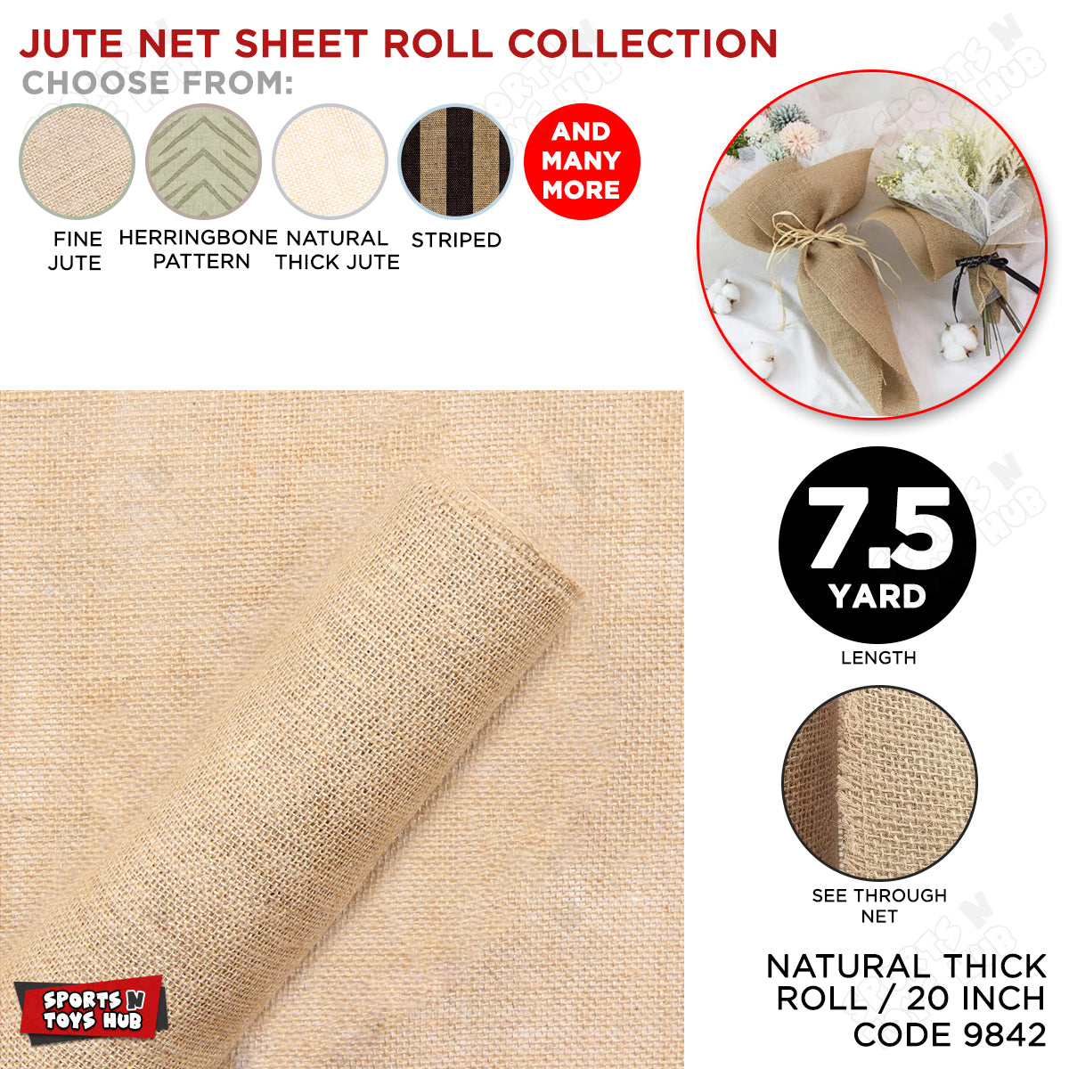 7.5 Yards - Thick Natural Jute Roll Multipurpose For Gift Wrapping & Flower Bouquets