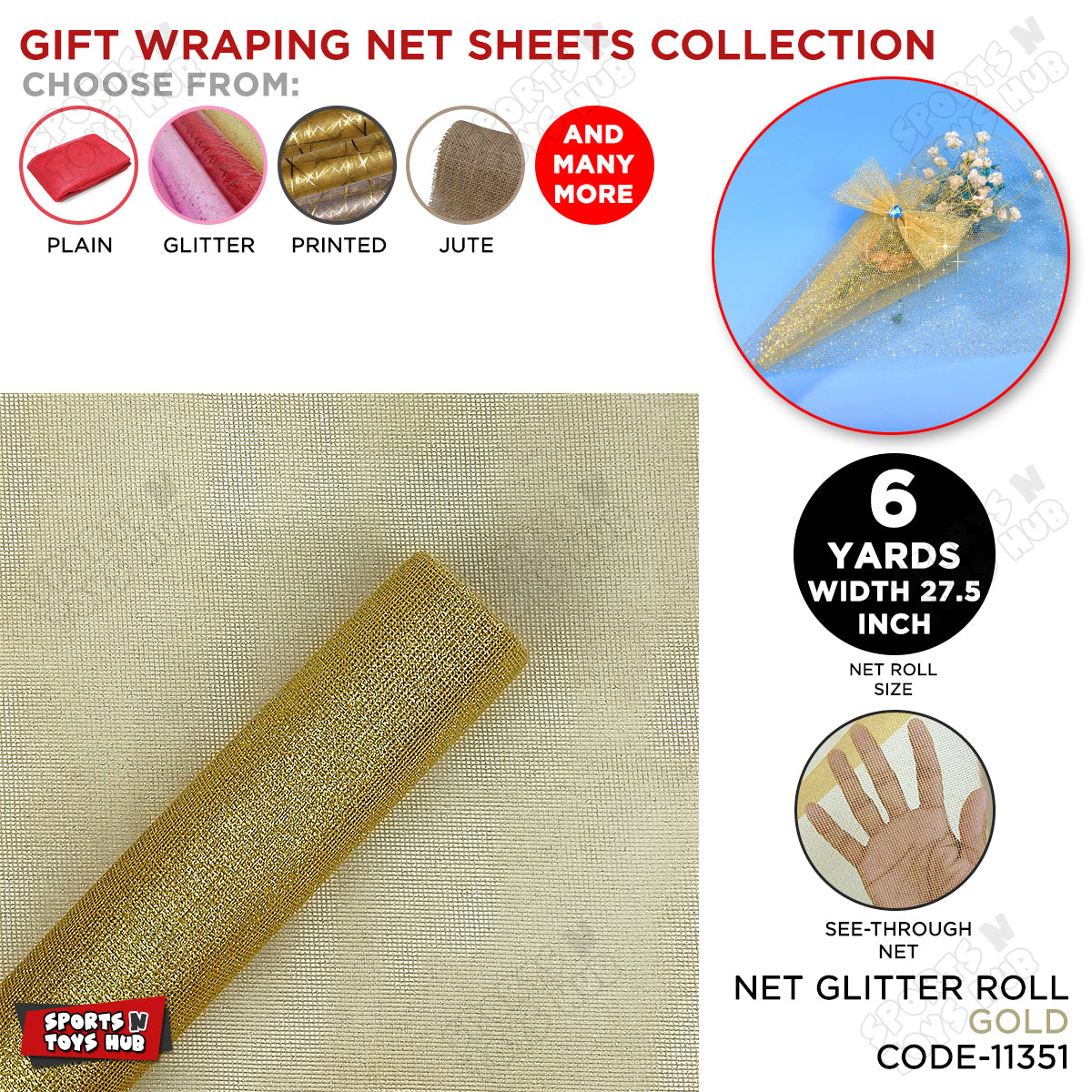 6 Yards - Premium Net Glitter Gift Wrapping Roll