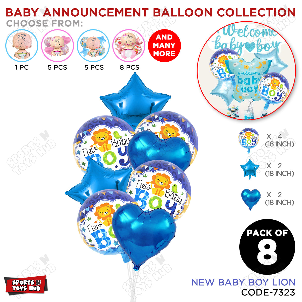Baby Announcement New Baby Boy Round Foil Balloon - Pack Of 8