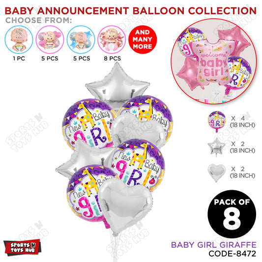 Baby Announcement New Baby Girl Round Foil Balloon - Pack Of 8