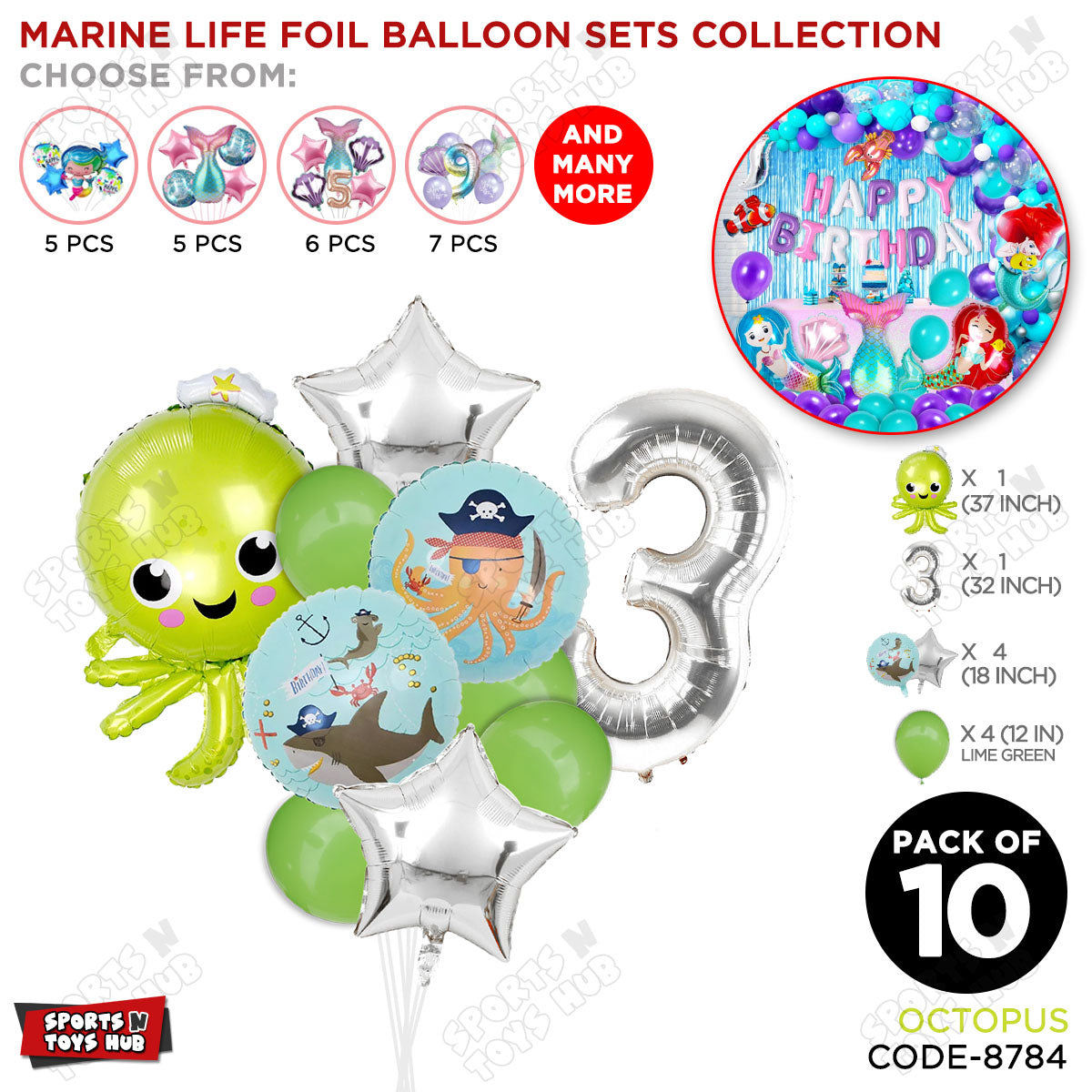 Octopus Foil Balloon Pack Of 10 Set With 32 Inch Foil Number Balloons