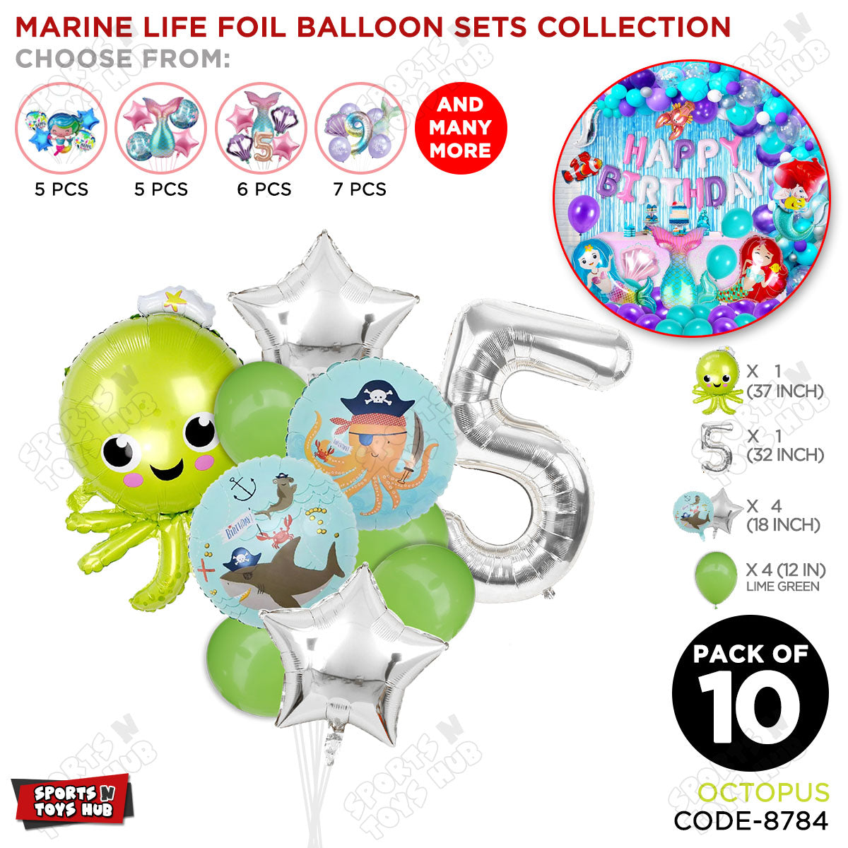 Octopus Foil Balloon Pack Of 10 Set With 32 Inch Foil Number Balloons