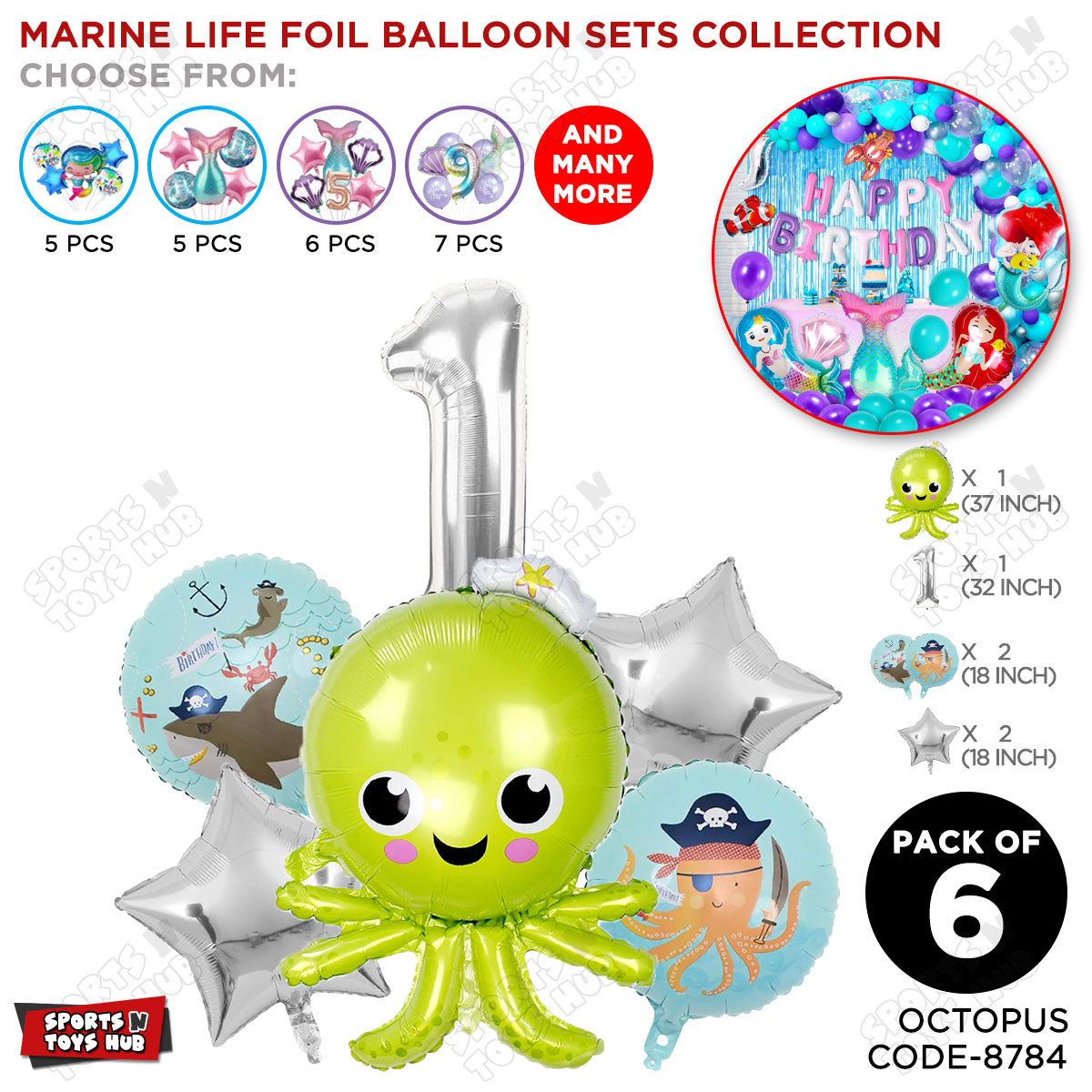 Octopus Foil Balloon Pack Of 6 Set With 32 Inch Foil Number Balloons