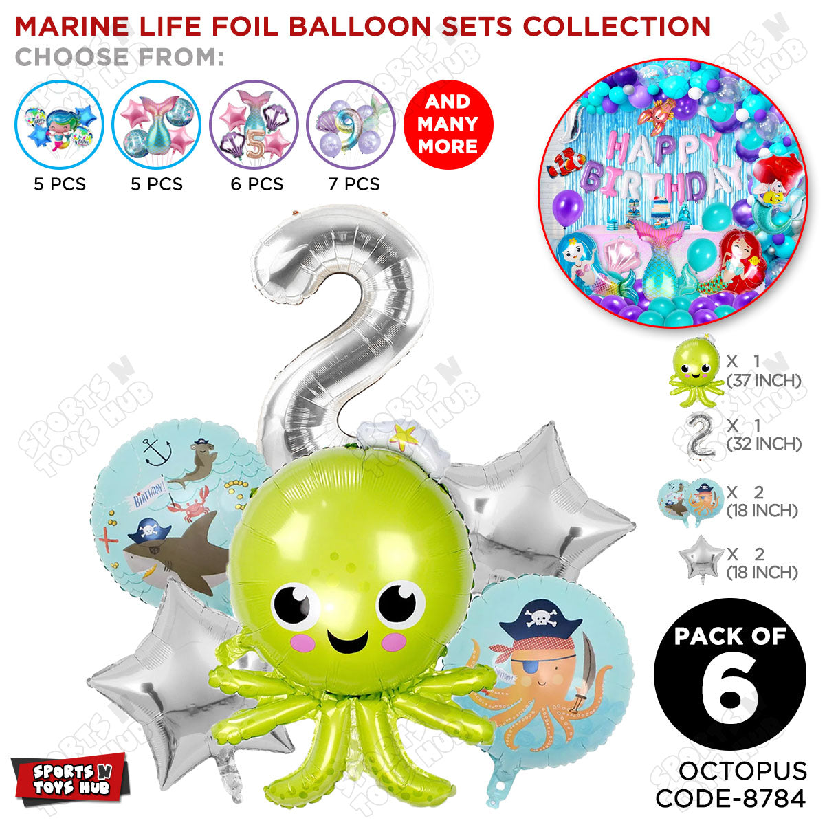 Octopus Foil Balloon Pack Of 6 Set With 32 Inch Foil Number Balloons