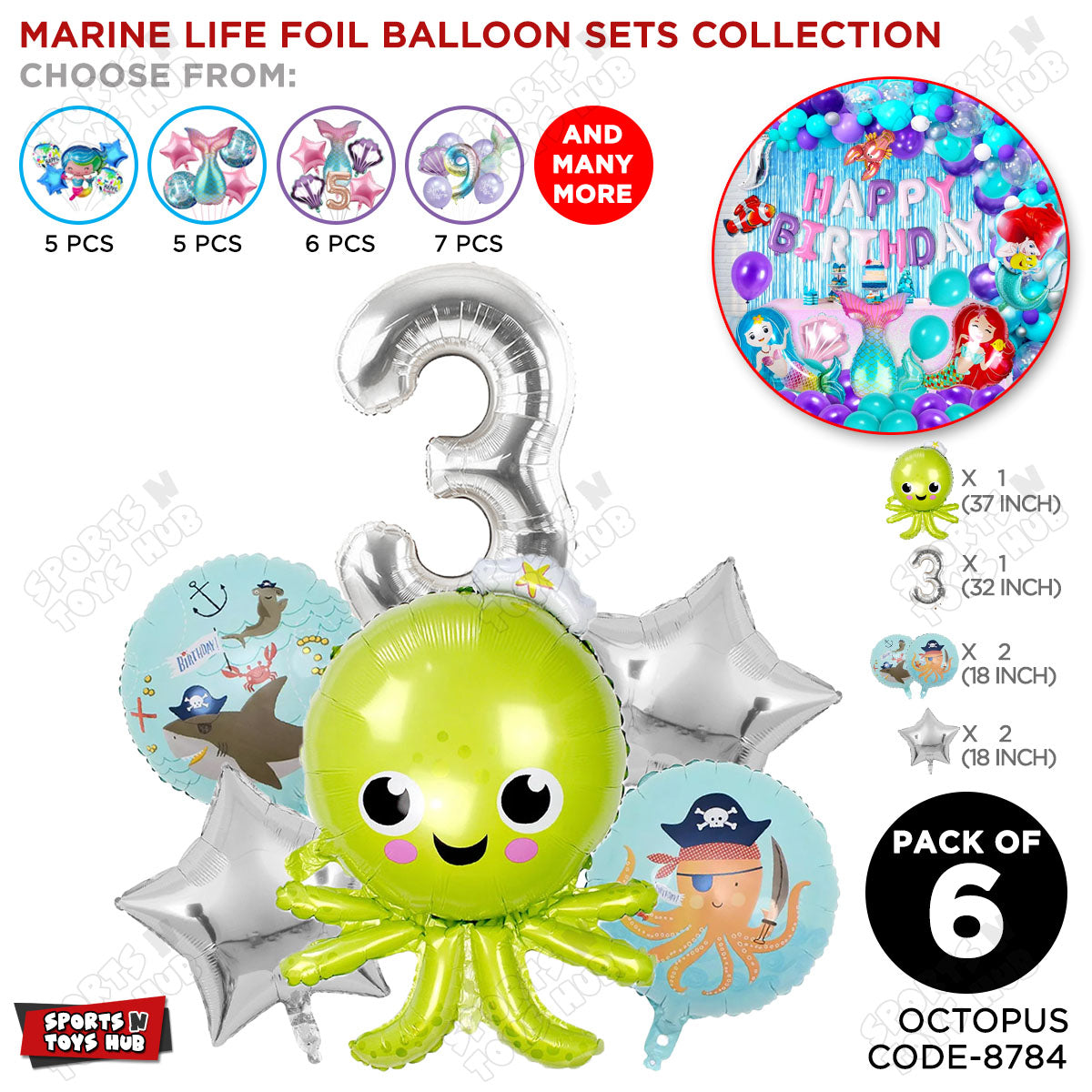Octopus Foil Balloon Pack Of 6 Set With 32 Inch Foil Number Balloons