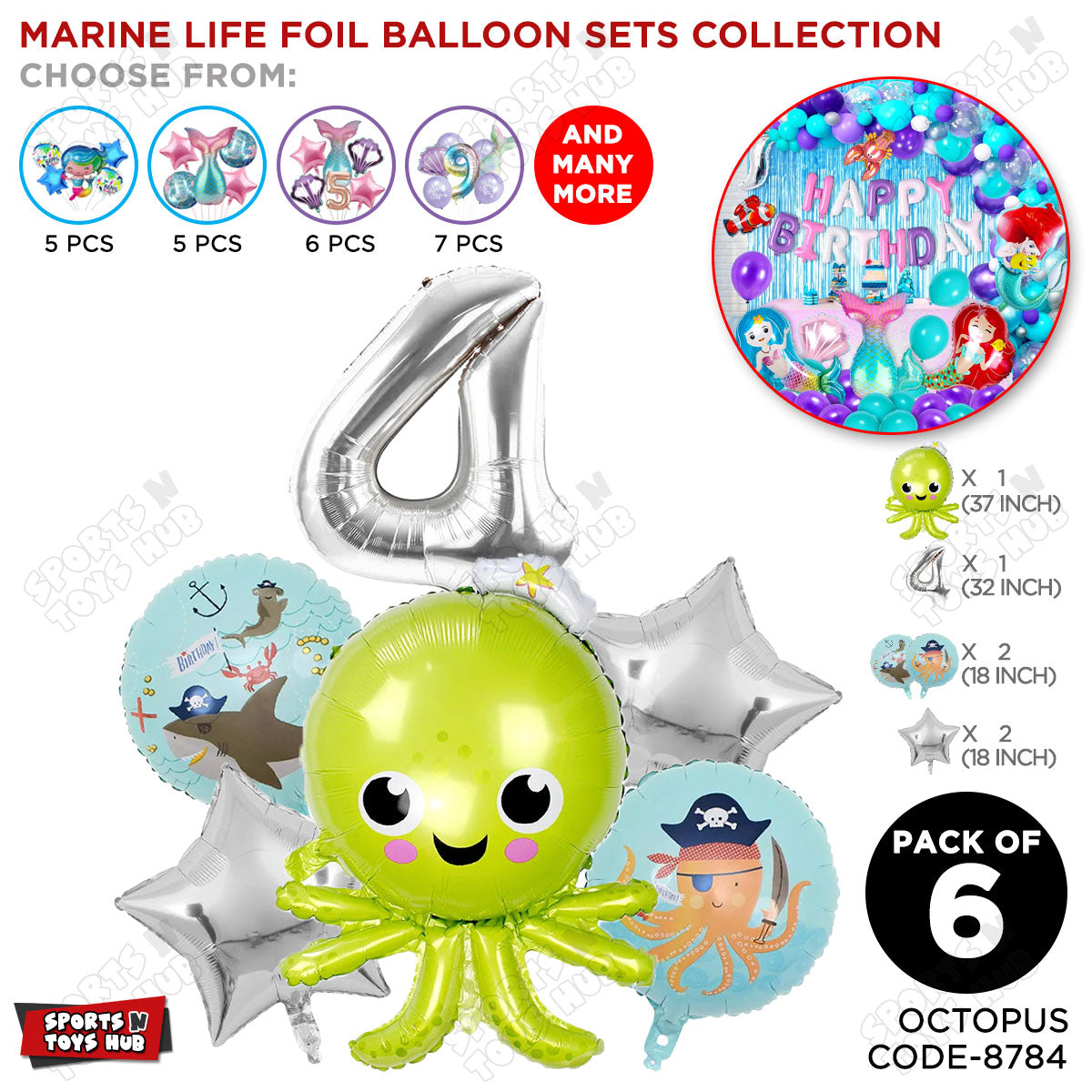 Octopus Foil Balloon Pack Of 6 Set With 32 Inch Foil Number Balloons