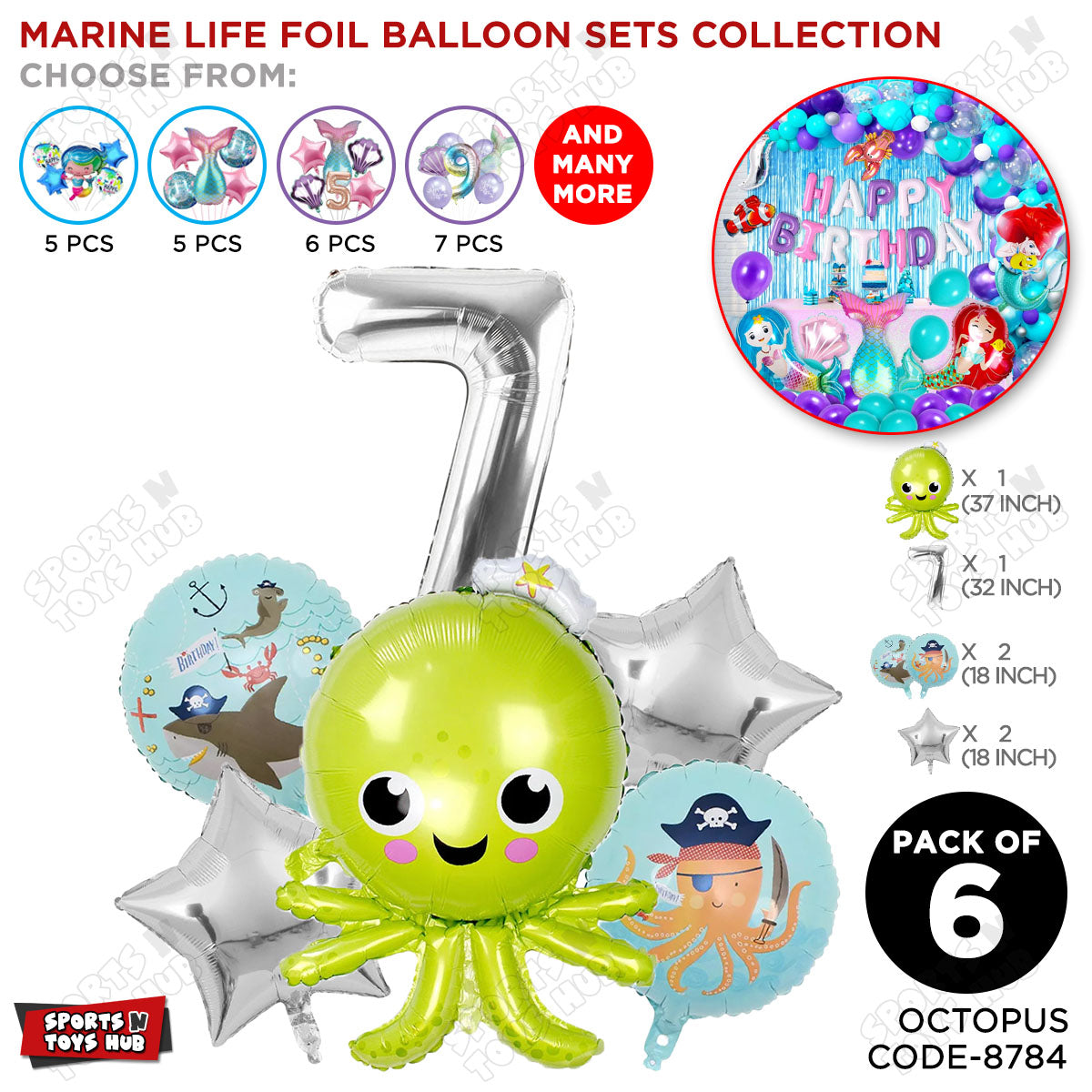 Octopus Foil Balloon Pack Of 6 Set With 32 Inch Foil Number Balloons