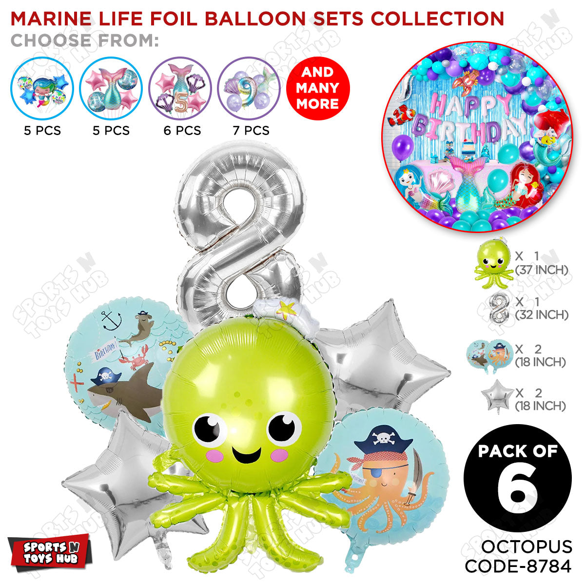 Octopus Foil Balloon Pack Of 6 Set With 32 Inch Foil Number Balloons