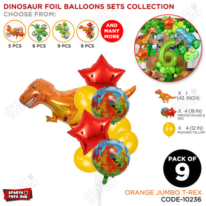 Jumbo T-Rex Orange Dino Pack Of 9 Foil Balloon Set