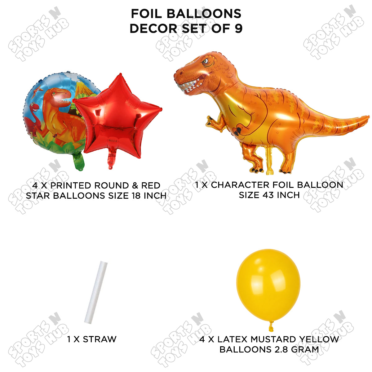 Jumbo T-Rex Orange Dino Pack Of 9 Foil Balloon Set