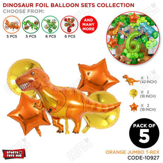 Jumbo T-Rex Orange Dino Pack Of 5 Foil Balloon Set