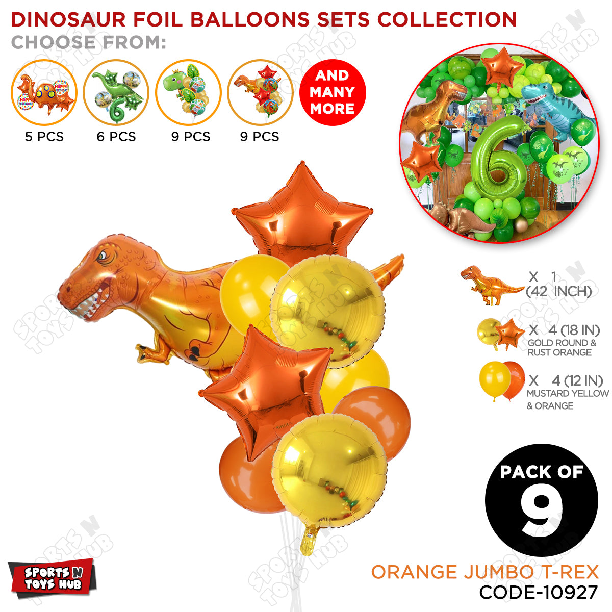 T-Rex Orange Dino Pack Of 9 Foil Balloon Set