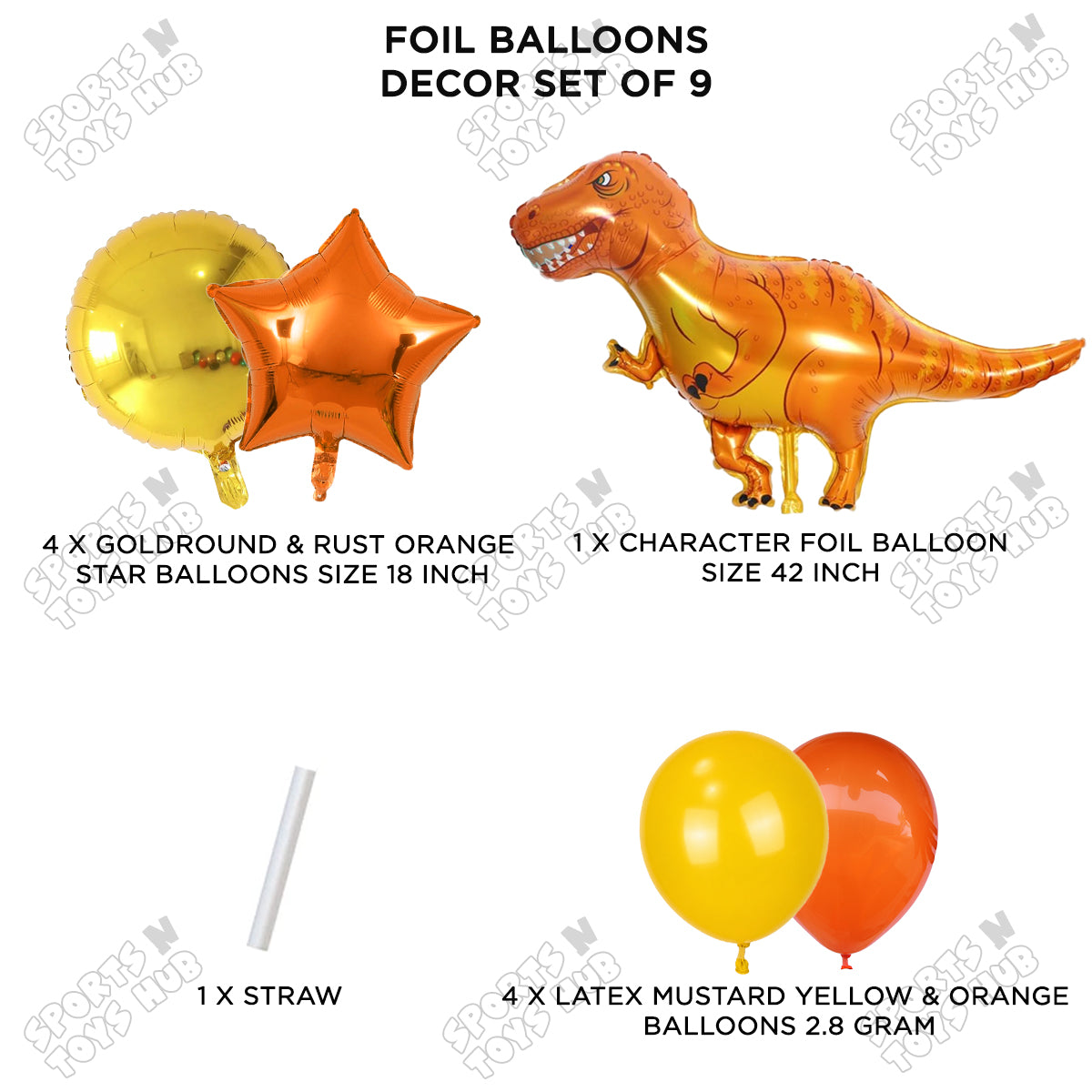 T-Rex Orange Dino Pack Of 9 Foil Balloon Set