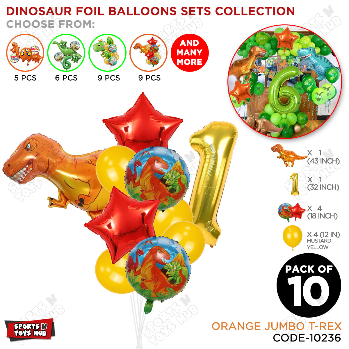 Jumbo T-Rex Orange Dino Foil Balloon Pack Of 10 Set With 32 Inch Foil Number Balloons