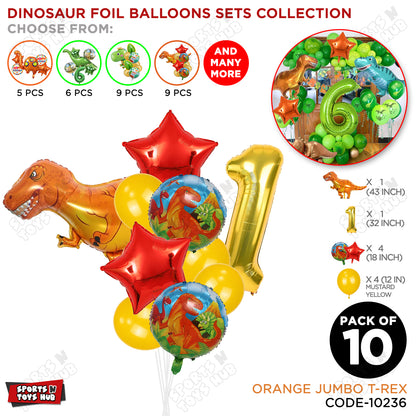 Jumbo T-Rex Orange Dino Foil Balloon Pack Of 10 Set With 32 Inch Foil Number Balloons