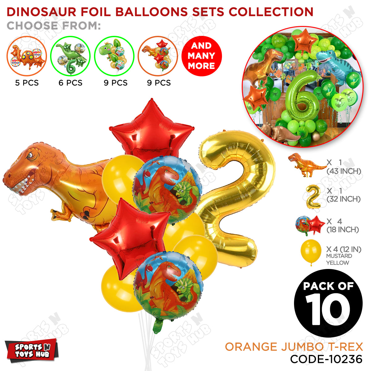 Jumbo T-Rex Orange Dino Foil Balloon Pack Of 10 Set With 32 Inch Foil Number Balloons