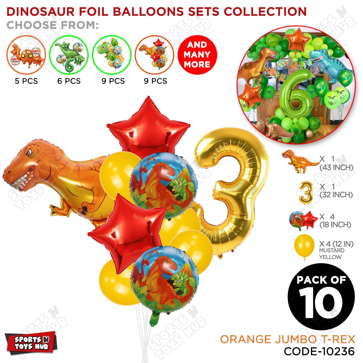 Jumbo T-Rex Orange Dino Foil Balloon Pack Of 10 Set With 32 Inch Foil Number Balloons