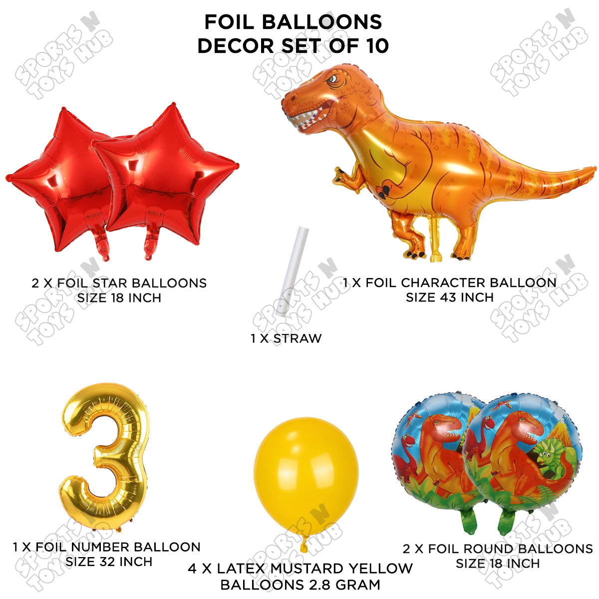 Jumbo T-Rex Orange Dino Foil Balloon Pack Of 10 Set With 32 Inch Foil Number Balloons