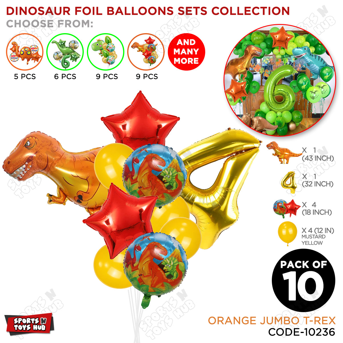 Jumbo T-Rex Orange Dino Foil Balloon Pack Of 10 Set With 32 Inch Foil Number Balloons