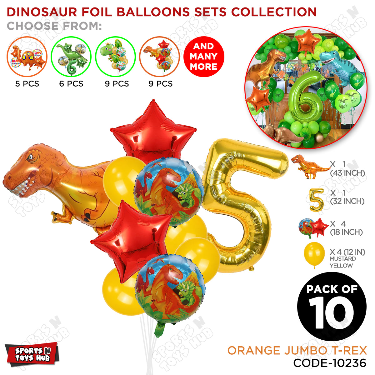 Jumbo T-Rex Orange Dino Foil Balloon Pack Of 10 Set With 32 Inch Foil Number Balloons