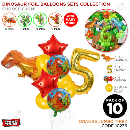 Jumbo T-Rex Orange Dino Foil Balloon Pack Of 10 Set With 32 Inch Foil Number Balloons