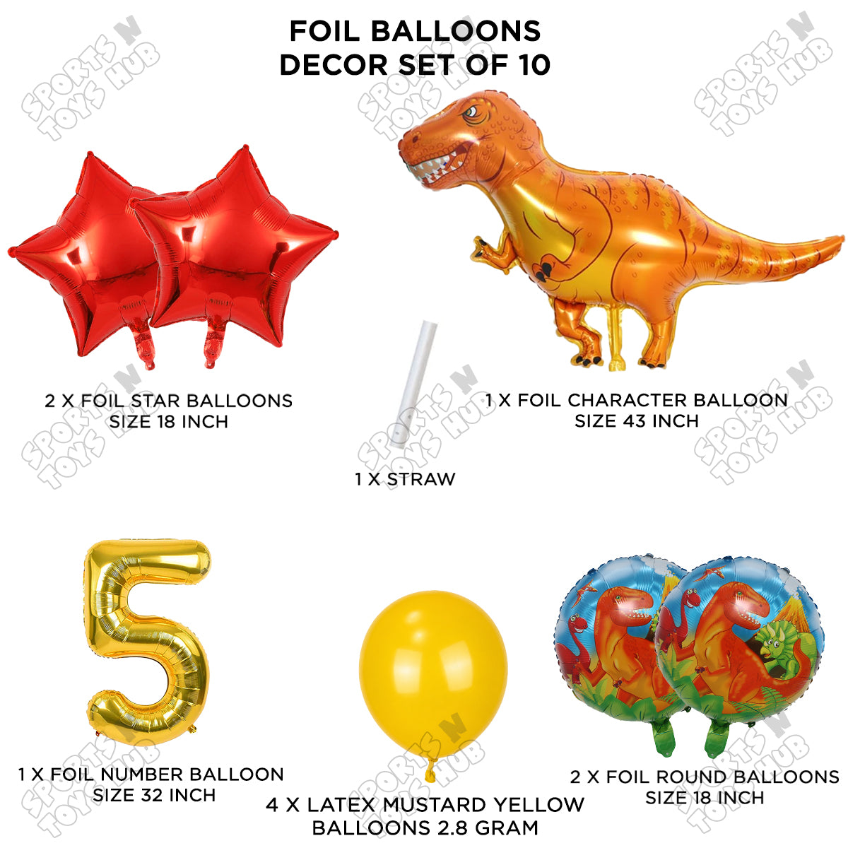 Jumbo T-Rex Orange Dino Foil Balloon Pack Of 10 Set With 32 Inch Foil Number Balloons