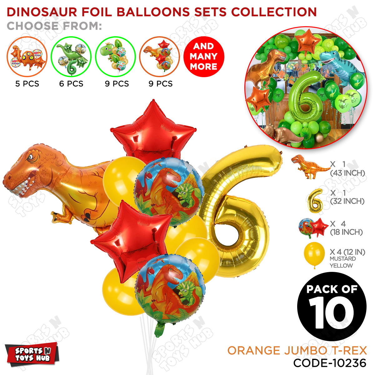 Jumbo T-Rex Orange Dino Foil Balloon Pack Of 10 Set With 32 Inch Foil Number Balloons