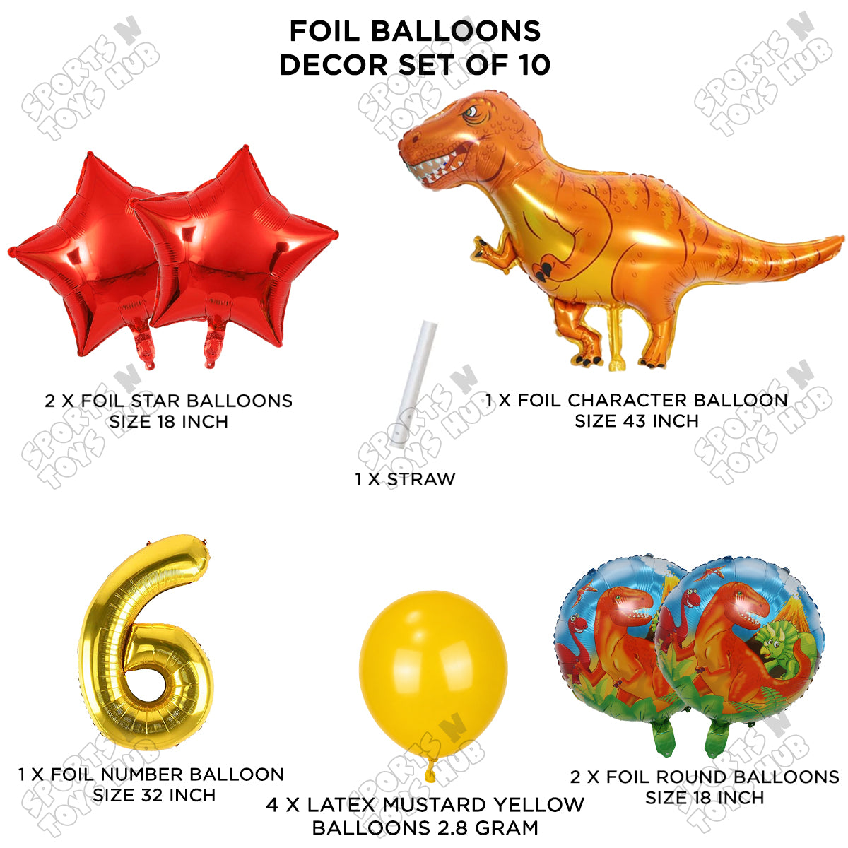 Jumbo T-Rex Orange Dino Foil Balloon Pack Of 10 Set With 32 Inch Foil Number Balloons