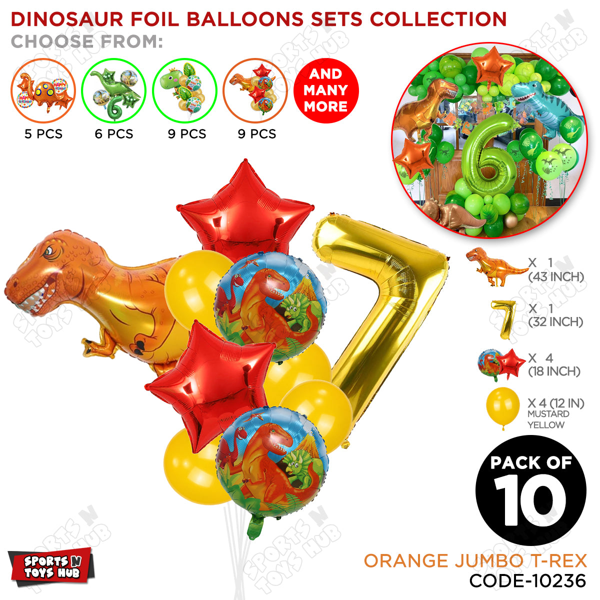 Jumbo T-Rex Orange Dino Foil Balloon Pack Of 10 Set With 32 Inch Foil Number Balloons